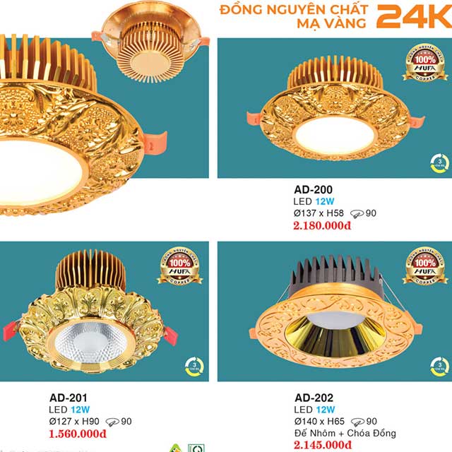 Đèn âm trần đồng mạ vàng 24K AD-202 3 den-led-am-tran-dong-ma-vang