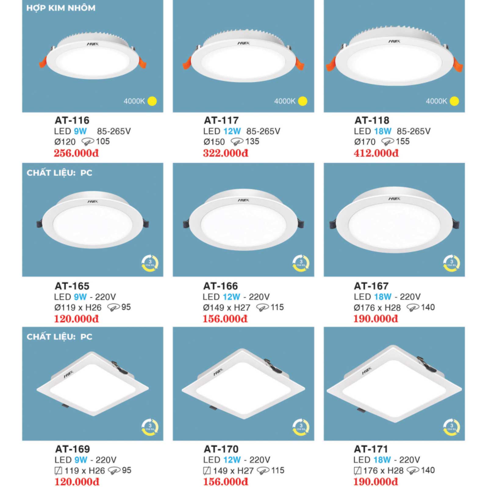 Đèn led downlight âm trần AT-165 9W 2 den-am-tran-gia-trot